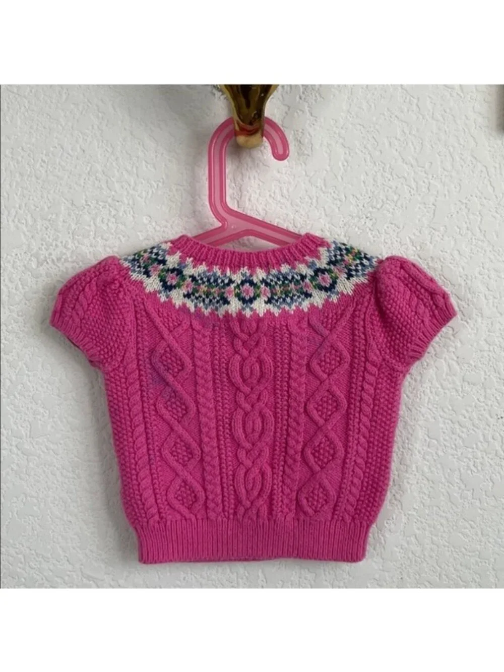 Ralph Lauren Girl's Pink Short Sleeve Sweater Fair Isle Cable Knit Floral